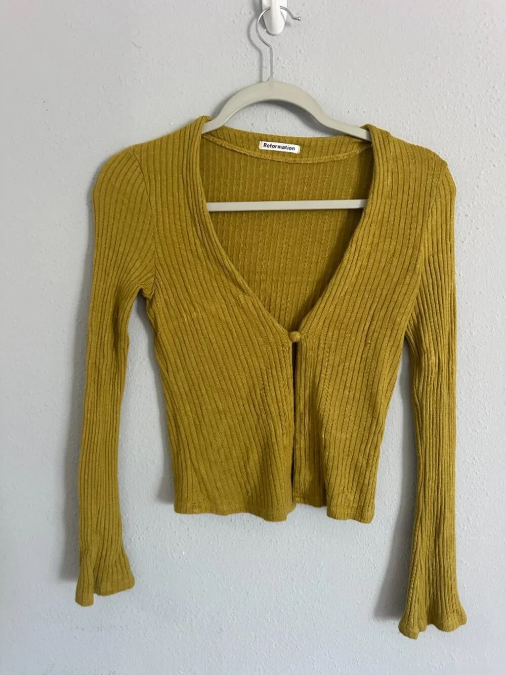 Reformation Ribbed Cropped Cardigan Top S Mustard Yellow Modal Knit Long Sleeve